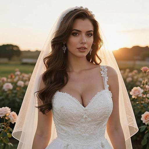 Photograph of a beautiful brunette bride with long wavy hair, wearing a white lace wedding dress, veil, and floral earrings, standing in a rose