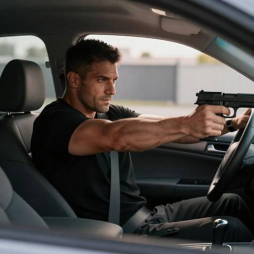 Driver Aiming Handgun in Dim Car