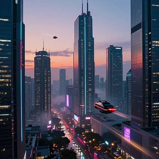 Photograph of a futuristic cityscape at twilight, featuring towering skyscrapers with neon lights, a flying drone, and a red train zipping through