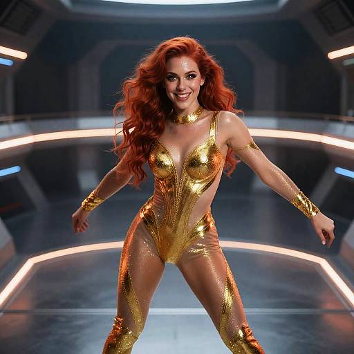 Neon Orbital Dancer in Gold Catsuit