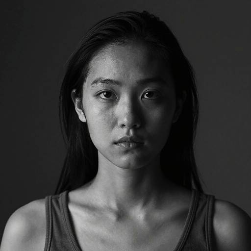 Monochromatic photograph of a young woman with long, straight black hair, wearing a tank top, against a dark, gradient background. Her expression is