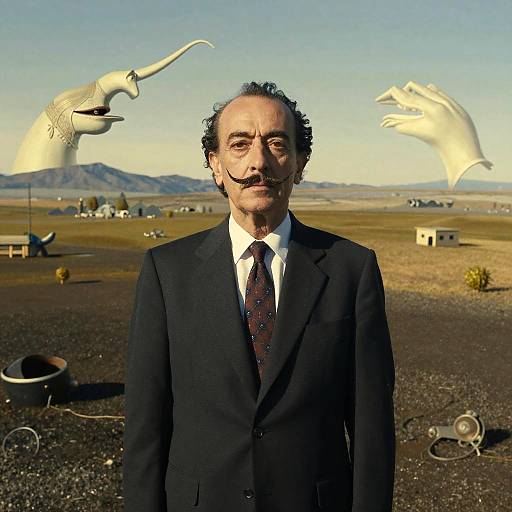 Photograph of a middle-aged man with curly black hair and mustache, wearing a black suit, white shirt, and patterned tie, standing in
