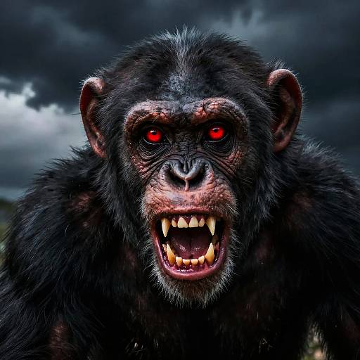 Photorealistic digital image of a ferocious, black-furred ape with glowing red eyes, sharp teeth, and an open mouth, against a dark