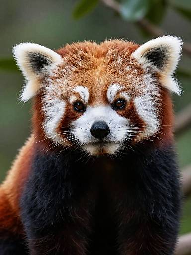 Close-up photograph of a red panda with rich red and white fur, black ears and face markings, and dark brown body, set against a blurred green