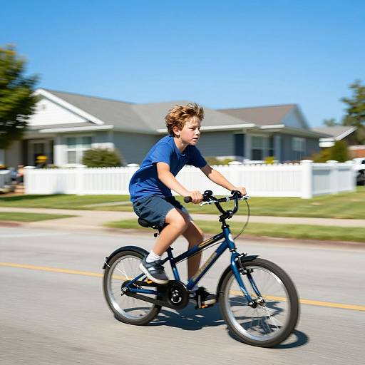 Photograph of a young boy with curly brown hair, wearing a blue shirt and black shorts, riding a blue bicycle on a sunny street with a suburban