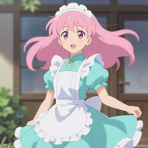 Anime-style digital drawing of a pink-haired girl in a teal maid outfit with white frills, smiling and holding up her skirt, against a blurred background