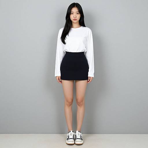 Photograph of an East Asian woman with long black hair, wearing a white long-sleeve shirt, black mini skirt, and white sneakers, standing