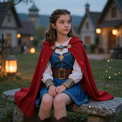 Photograph of a young girl with brown hair, wearing a red cape, blue dress, and white shirt, sitting on a stone bench in a twilight