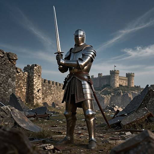 Photograph of a medieval knight in shiny silver armor, holding a sword, standing in a ruined castle courtyard with a castle in the background under a blue