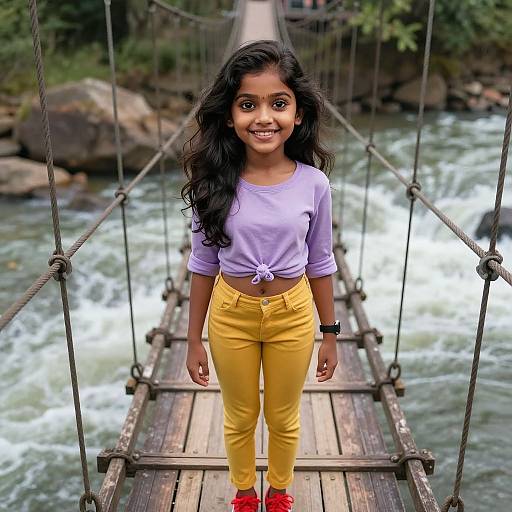 Photograph of a smiling Indian girl with long black hair, wearing a tied lavender top, yellow pants, and red shoes, standing on a wooden suspension