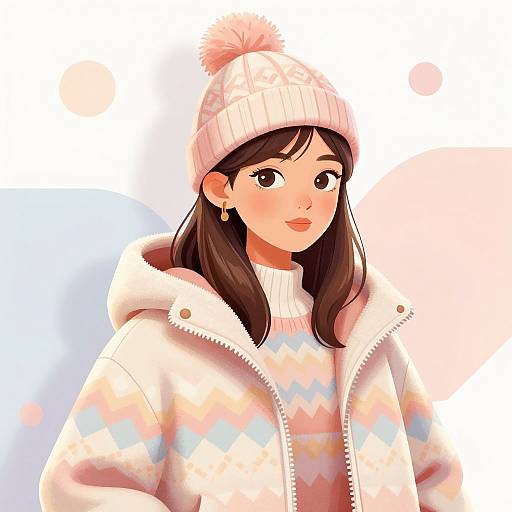Digital illustration of a smiling young woman with long brown hair, wearing a white beanie, pink pom-pom, and a pastel-patterned winter