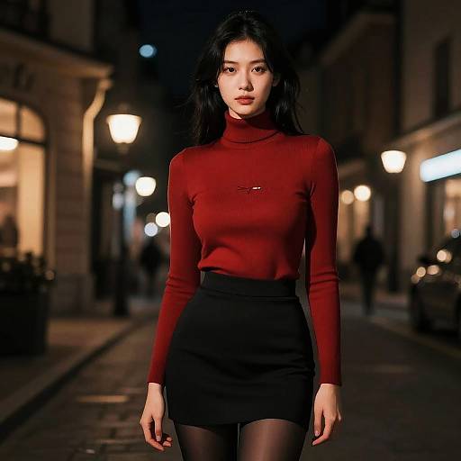 Nighttime photograph of an Asian woman with long black hair, wearing a red turtleneck and black skirt, standing on a dimly lit street with
