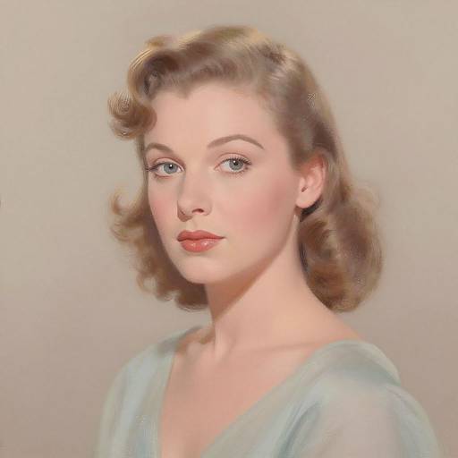 Digital portrait of a fair-skinned, blue-eyed woman with vintage-style, wavy brown hair and red lipstick, wearing a light blue, sheer top