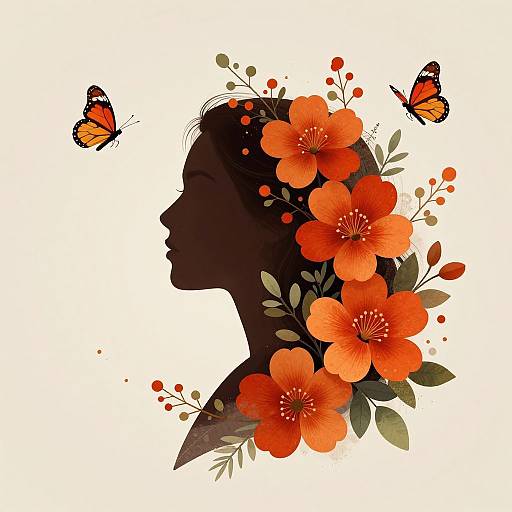 Silhouette of a woman's profile adorned with vibrant orange flowers, surrounded by two orange butterflies, against a white background. Digital art.