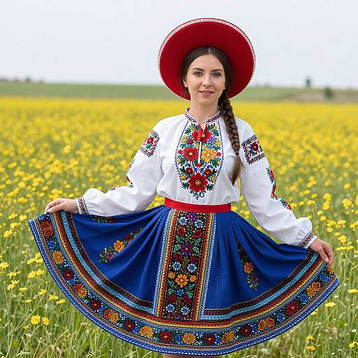 Photograph of a smiling woman with braided brown hair, wearing a red hat, white embroidered blouse, and blue embroidered skirt, standing in a vibrant