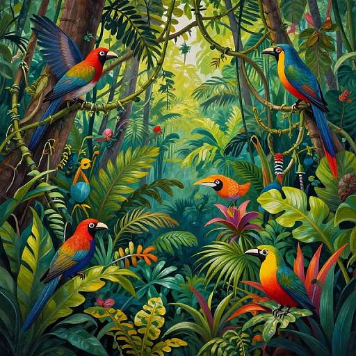 Vibrant digital painting of colorful parrots in a lush, dense jungle with vivid green foliage, bright flowers, and dappled sunlight.