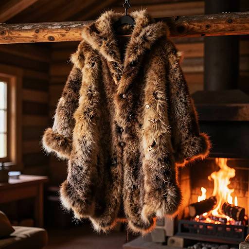 Photograph of a luxurious brown fur coat hanging on a wooden beam in a rustic log cabin with a roaring fireplace.