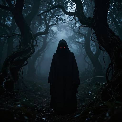 Mysterious hooded figure with glowing red eyes stands in dark, foggy forest with twisted, shadowy trees in a blue-toned photograph.