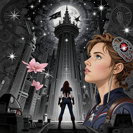 Digital illustration of a determined woman with brown hair, blue eyes, and futuristic attire, facing a towering, moonlit cityscape with a central castle under