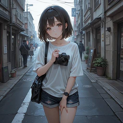 Girl with Camera on Urban Street