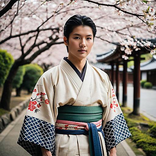 Asian Man in Traditional Kimono Under Cherry Blossoms