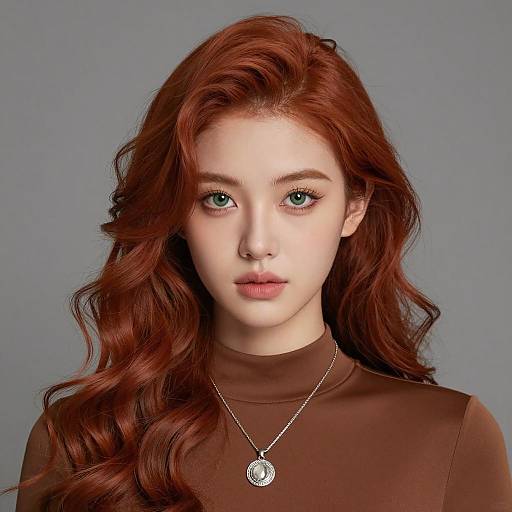 Young Woman with Vibrant Red Wavy Hair and Green Eyes