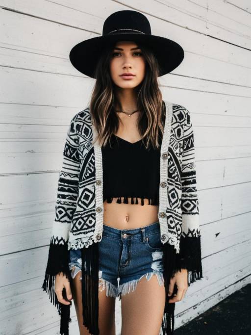 Bohemian Woman in Patterned Cardigan and Wide-Brimmed Hat