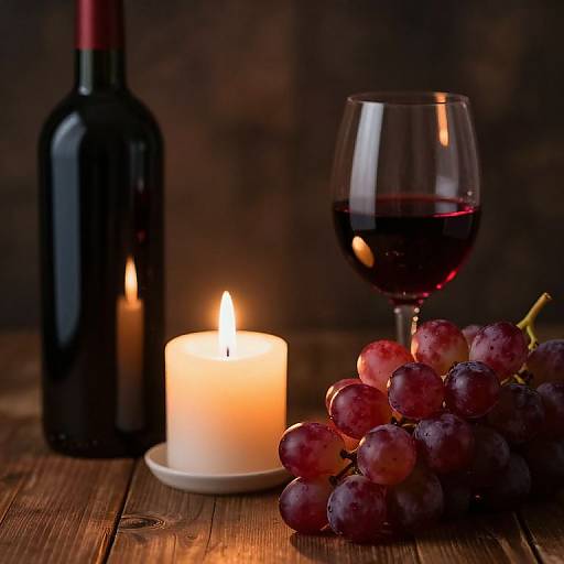 Photograph of a dimly lit table with a lit candle, red wine glass of dark red wine, bunch of purple grapes, and a dark wine