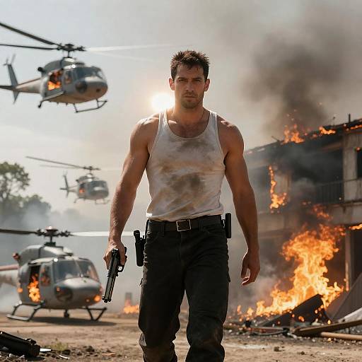 Heroic Figure Amidst Chaos and Danger