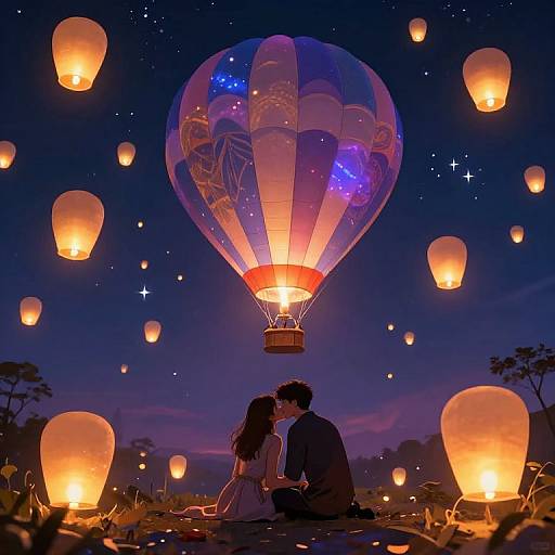 Romantic nighttime scene: couple kisses while large, colorful hot air balloon and glowing paper lanterns fill the starry sky. Digital art.