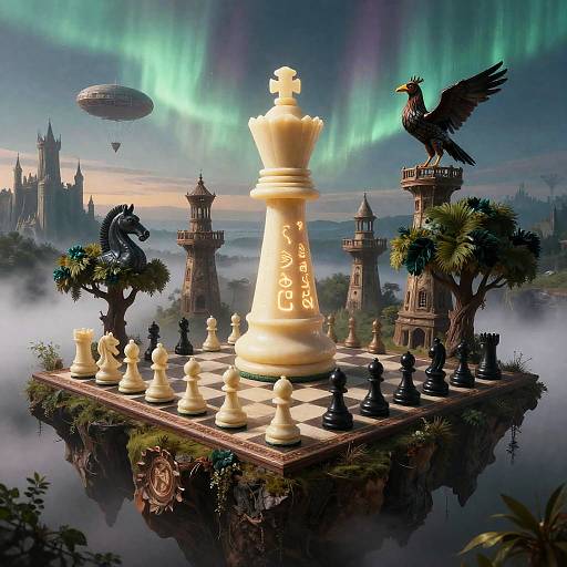 Colossal Floating Chessboard Island at Dawn