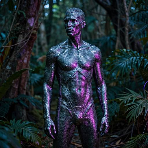 Photograph of a muscular, bald, silver-painted male statue standing in a dark, dense forest with purple and blue lighting.