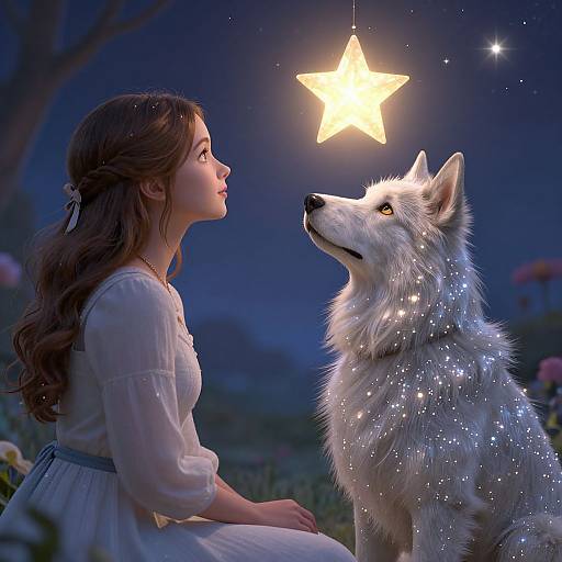Photograph-style digital art of a young woman in a white dress and a glowing, star-encrusted white wolf gazing at a hanging star