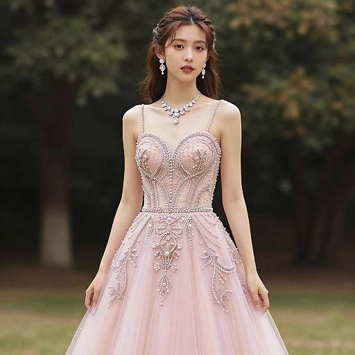 Young Woman in Pink Beaded Prom Dress Outdoors