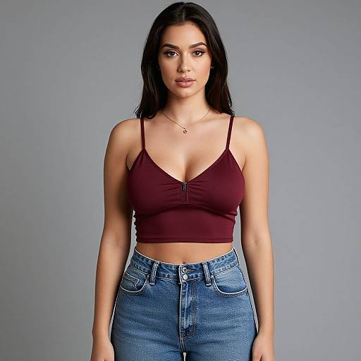 Photograph of a young woman with long dark hair, wearing a maroon crop top and high-waisted blue jeans, standing against a plain gray