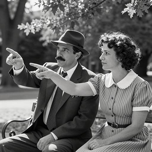 Vintage Black and White Couple Pointing in Park