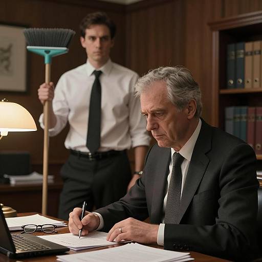 Intense Focus in a Dimly Lit Office