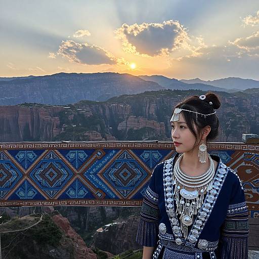Photograph of an Asian woman in traditional jewelry and black embroidered attire, standing on a balcony overlooking a sunset over a mountainous landscape with colorful tiled railing
