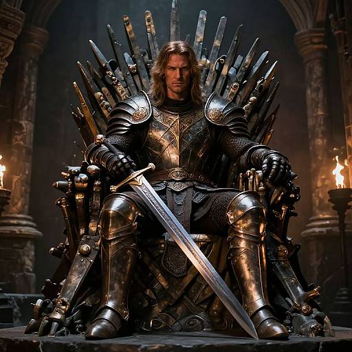 Photorealistic CGI of a muscular man with long brown hair, in dark, ornate medieval armor, seated on a throne with numerous knives, holding
