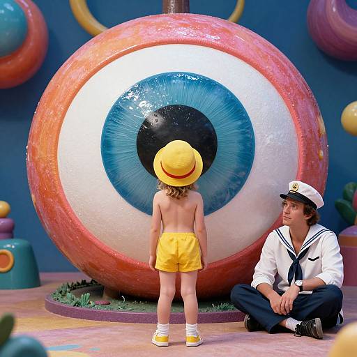Photograph of a shirtless child in yellow shorts and hat, facing giant eye mural, with seated sailor man in white uniform.
