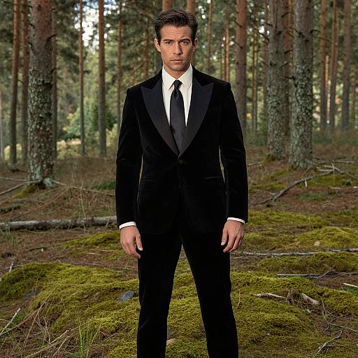 Man in Black Velvet Suit Amid Pine Trees