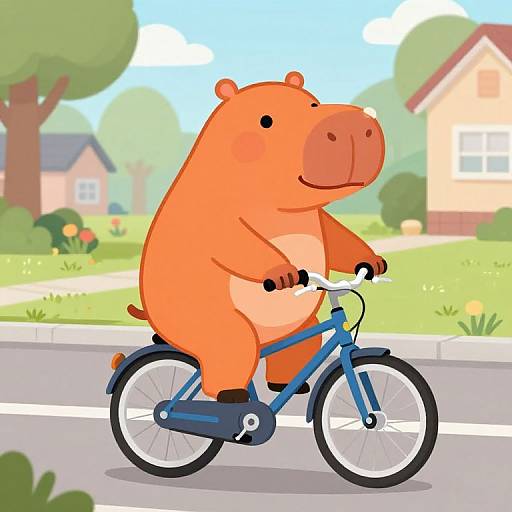 Cartoon orange hippo riding a blue bicycle on a sunny suburban street with green trees and houses in the background.