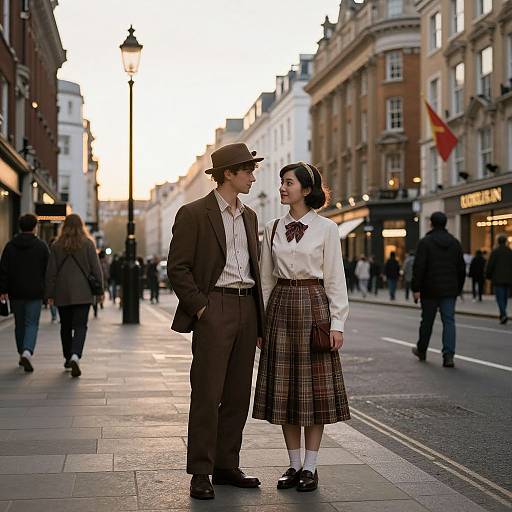Photograph of a 1940s-style couple in brown hats, brown suit, white shirt, and plaid skirt, standing on a sunlit