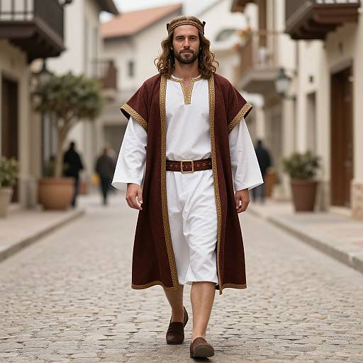 Photograph of a bearded man with long brown hair, wearing a white tunic, brown cape with gold trim, and head crown, walking down