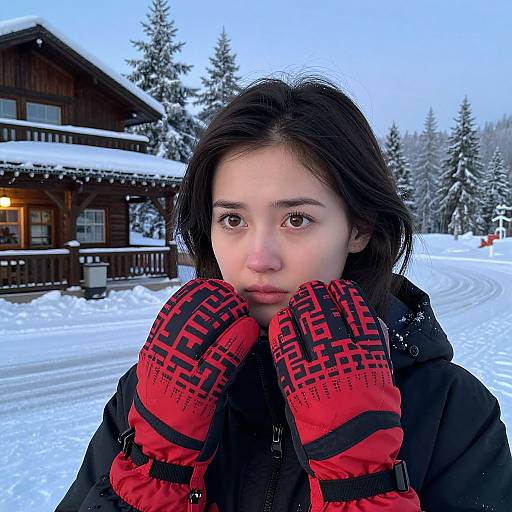 Young Woman in Stylish Ski Gloves