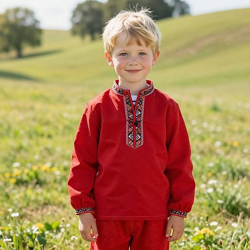 Confident Blonde Boy in Red Outfit