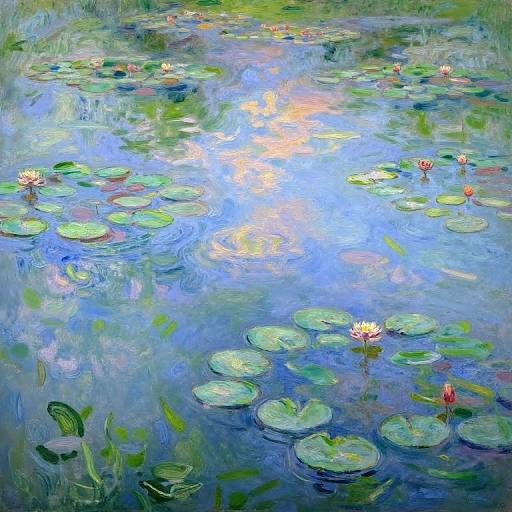 Impressionist-style painting of a serene pond with glowing sunlight, green lily pads, and blooming water lilies, creating a peaceful, reflective
