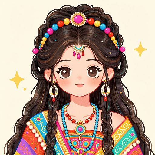 Colorful digital illustration of a smiling Indian woman with long black braids, adorned with a beaded headband, jewelry, and vibrant traditional attire.