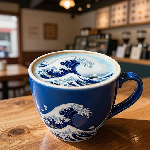 Photograph of a blue ceramic mug with wave design, filled with hot coffee, on a wooden table in a warmly lit café.