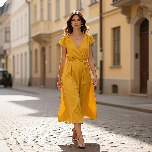 Photograph of a young woman with wavy brown hair, wearing a yellow V-neck dress and sandals, walking down a sunlit, cobblestone